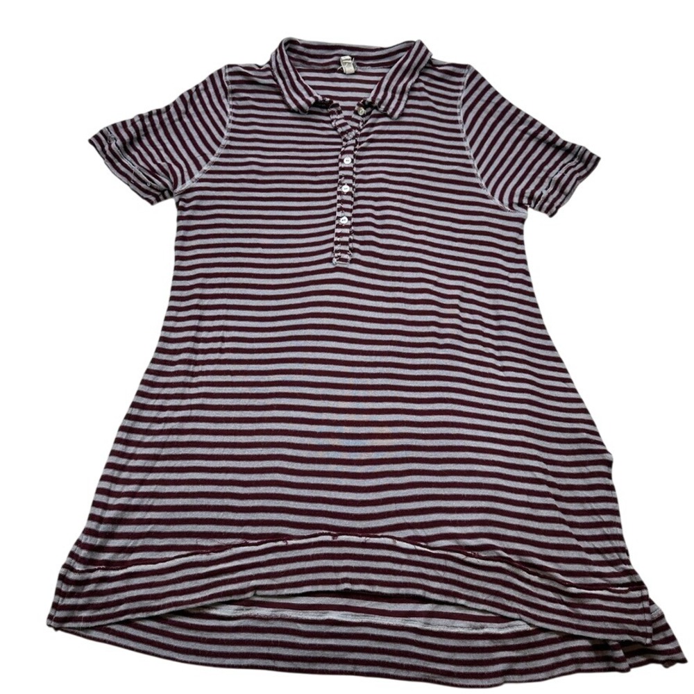 WE THE FREE Striped Polo Shirt Dress Burgundy Gray Short Sleeve Button Up Size M
